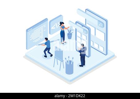 People characters developing new mobile app. Developers team programming and coding code for mobile user interface. Development process concept, isome Stock Vector