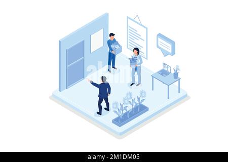 People character getting fired. Dismissed man carrying cartoon box with things and standing near the office door. Crisis and job firing concept, isome Stock Vector