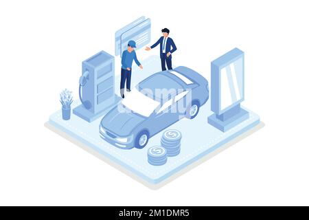 People character standing at gas station and fueling his car. Man paying by smartphone for gasoline and save money. Fuel economy concept, isometric ve Stock Vector