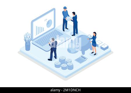Character typing on laptop with financial report on screen. Accountant managing budget and making savings. Saving money and economy concept, isometric Stock Vector