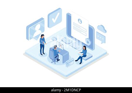 Character Hand holding Smartphone with Sms Authentication Key and typing Password on Laptop with Online Login Form on Screen. Secure User Authorizatio Stock Vector