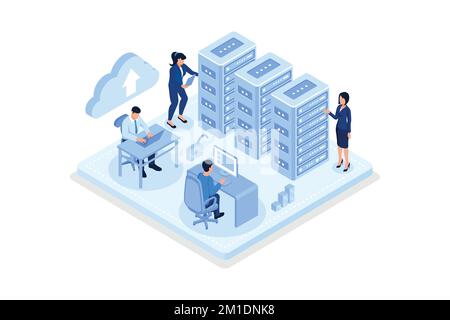 Character staying near control panel and managing files and data on cloud web server. Web hosting service with cyber security technology concept, isom Stock Vector