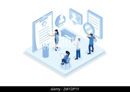 Hr manager presenting potential job candidate. Recruitment process. Human resource management and hiring concept, isometric vector modern illustration Stock Vector