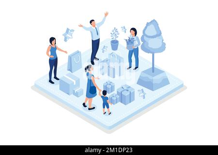 New year celebration 3d isometric illustration. Characters decorating Christmas tree and wrapping gift boxes. Winter holidays concept, isometric vecto Stock Vector