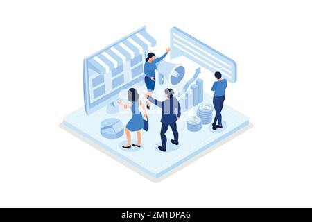 Digital marketing 3d isometric illustration. Character standing near laptop with Loudspeaker on it. Public relation, digital marketing and media conce Stock Vector