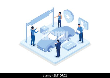 Man Character Standing near Damaged Auto and Calling to Car Insurance Service. Car Accident on the Road. Auto Collision Scene, isometric vector modern Stock Vector