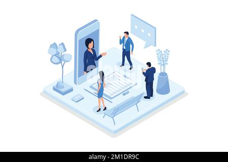 People characters talking with customer support. Woman and man ask questions and receive answers. Online support call center. Frequently asked questio Stock Vector