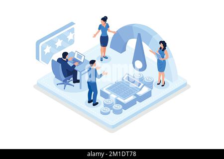 Credit report isometric. Characters with good credit score receiving loan approval from bank. Personal finance concept, isometric vector modern illust Stock Vector