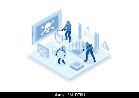 Hackers Hacking Information from Laptop and Stealing Personal Data, Credit Card and Password. Identity Theft, Cyber Crime and Internet Criminal Concep Stock Vector