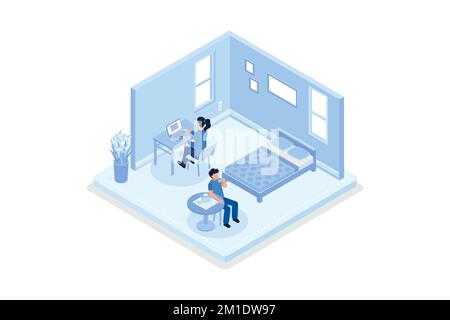 Woman Working at Home Office. Character Sitting at Desk in Room, Looking at Computer Screen and Talking with Colleagues Online. Home Office Concept, i Stock Vector