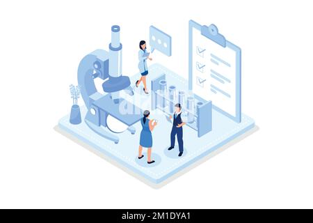 Doctor Scientist in Medical Laboratory Analyzing Blood Samples. Blood Test and Laboratory Research Concept, isometric vector modern illustration Stock Vector