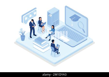 Students Learning Online at Home. People Characters Looking at Laptop and Studying with Smartphone, Books and Exercise Books. Distance Education Conce Stock Vector