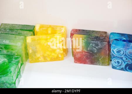 Collection of bars of fragrant hand made organic soap Stock Photo