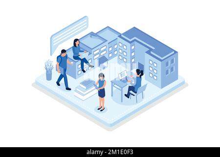 Students Study Online in University or College Campus. Girls and Boys Learning Together with Smartphone, Laptop, Books. Distance Education Technology Stock Vector