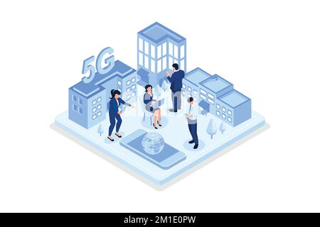 People Characters standing in Modern Smart City and Communicating with New Generation 5g Technology Network. High-speed mobile Internet Concept, isome Stock Vector