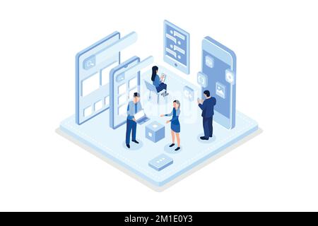 Mobile app development concept banner with characters. Can use for web banner, infographics, hero images, isometric vector modern illustration Stock Vector