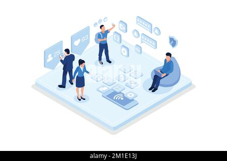 People Characters standing near Smartphone and looking at new Social Media Post. Woman and Man leaving Comments and likes for Photo in Mobile App, iso Stock Vector