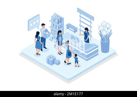 People waiting in line at grocery supermarket. Can use for web banner, infographics, hero images, isometric vector modern illustration Stock Vector