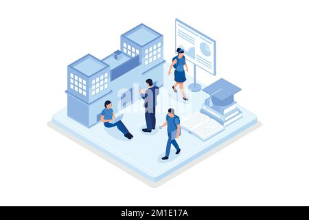 Students in university campus concept with text place. Can use for web banner, infographics, hero images, isometric vector modern illustration Stock Vector