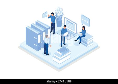 Media book library concept banner with characters. Can use for web banner, infographics, hero images, isometric vector modern illustration Stock Vector