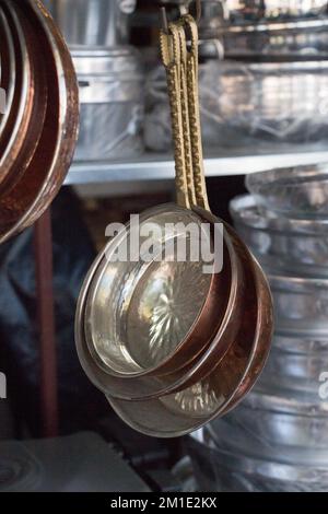Set of new metal pans as cookware Stock Photo