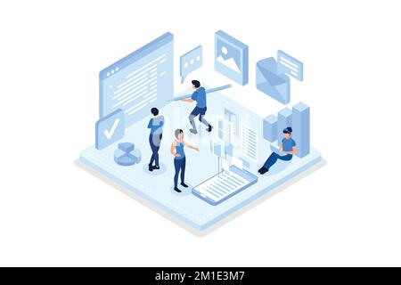 Seo and content marketing banner with character. Can use for web banner, infographics, hero images, isometric vector modern illustration Stock Vector