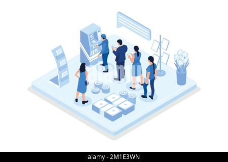 People waiting in line near atm machine. Can use for web banner, infographics, hero images, isometric vector modern illustration Stock Vector