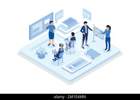 Language school concept banner with character. Can use for web banner, infographics, hero images, isometric vector modern illustration Stock Vector