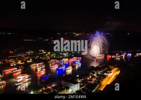 'Rhine in Flames', 'Rhein in Flammen', the spectacular fireworks on river Rhein. 50 illuminated boats provide best views for the passengers Stock Photo
