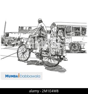 Dabbawalla delivering lunch boxes for delivery outside Churchgate railway station. India, Maharashtra, Mumbai. Dabbawalla delivering lunch boxes boxes Stock Photo