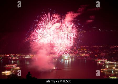 'Rhine in Flames', 'Rhein in Flammen', the spectacular fireworks on river Rhein. 50 illuminated boats provide best views for the passengers Stock Photo