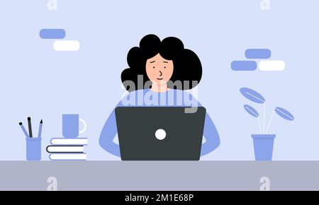 A young woman is sitting at a table and using a laptop. Home office concept Stock Vector