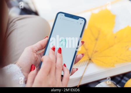 Portland, OR, USA - Feb 8, 2022: Microsoft 365 apps are seen on an iPhone 11 - Office Word, Excel PowerPoint, Outlook, OneNote Visio Viewer Power Apps Teams SharePoint Yammer, Power BI, etc. High quality photo Stock Photo