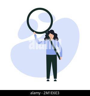Job search, unemployment or search for new personnel. A girl with a magnifying glass in her hands Stock Vector