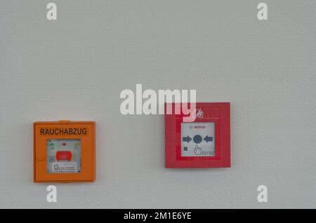 Emergency call switches at a white wall in a hospital Stock Photo