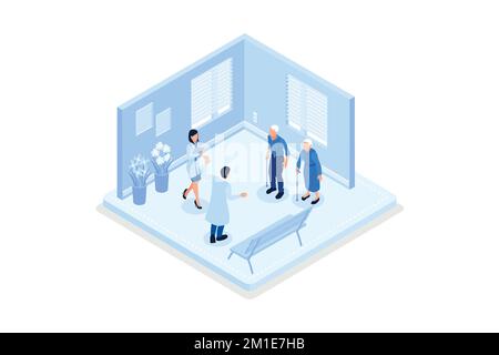 Elderly healthcare, having consultation and care from nurse, isometric vector modern illustration Stock Vector