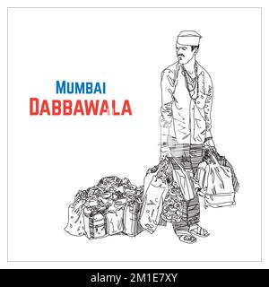 Dabbawala service in Mumbai. Dabbawala with cycle illustration, The famous Dabbawala lunchbox service in Churchgate Railway Station; Mumbai, India art Stock Photo