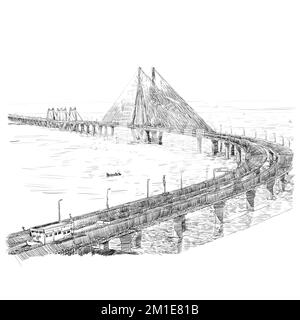 Bandra- Worli Sea link  (Rajiv Gandhi Sea Link), a cable-stayed vehicular bridge in Mumbai (Bombay), India. Cityscape sketch. Travel art. Vintage arts Stock Photo