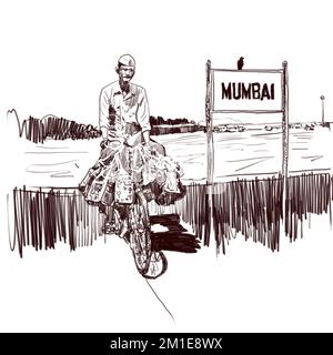 Dabbawala service in Mumbai. Dabbawala with cycle illustration, The famous Dabbawala lunchbox service in Churchgate Railway Station; Mumbai, India art Stock Photo