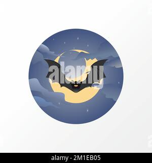 Character bat at night with crescent moon and cloud background Image graphic icon logo design abstract concept vector stock. related to animal or grip Stock Vector