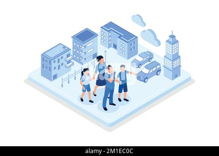 Sustainability, modern city with eco-friendly transportation, isometric vector modern illustration Stock Vector