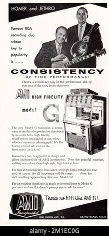 An ad from a 1955 American music magazine featuring an endorsement by popular country music duo, Homer and Jethro. It's for the AMI High Fidelity model G juke box. Stock Photo