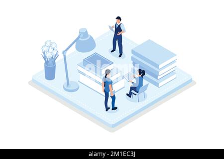 School and preschool lessons subjects, Characters in school classes learning literature with books, isometric vector modern illustration Stock Vector