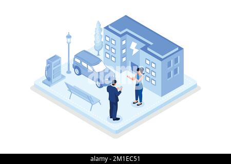 Sustainable transportation, Private electric vehicle near charging station, isometric vector modern illustration Stock Vector