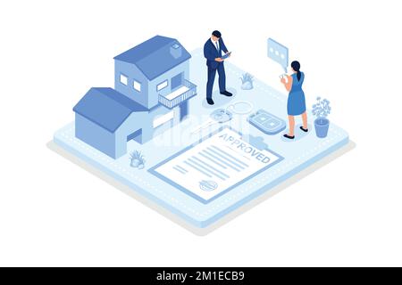 Mortgage process, People buying property with mortgage, isometric vector modern illustration Stock Vector