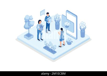 Grocery vegetables, Character buying online fresh organic vegetables, isometric vector modern illustration Stock Vector
