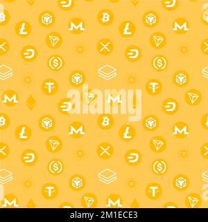 Golden background with Cryptocurrency symbols in flat style. Seamless pattern for a website or a banner with blockchain coins. Stock Vector