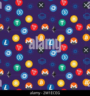 Purple background with colorful Cryptocurrency coins in flat style. Seamless pattern for a website or a banner with blockchain coins. Stock Vector