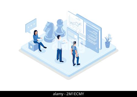 Business strategy, Characters moving chess figure, demonstrating financial growth, isometric vector modern illustration Stock Vector