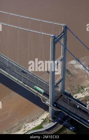 aerial view of the North tower of The Humber Bridge in East Yorkshire, UK Stock Photo